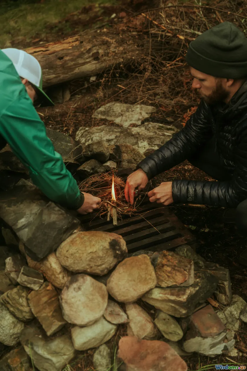 campfire, shelter building, wilderness skills, cold weather
