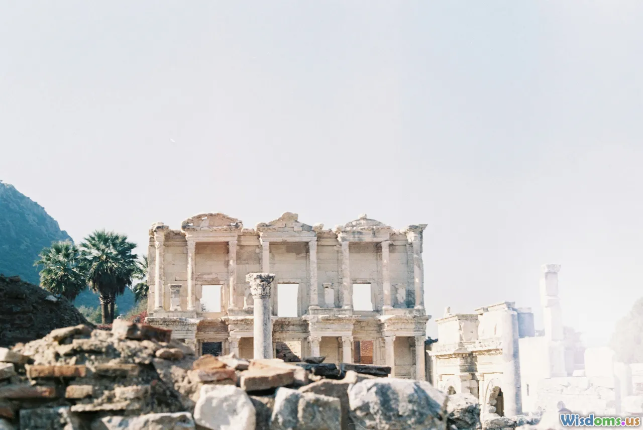 crumbling ruins, falling statue, empty amphitheatre, defeat