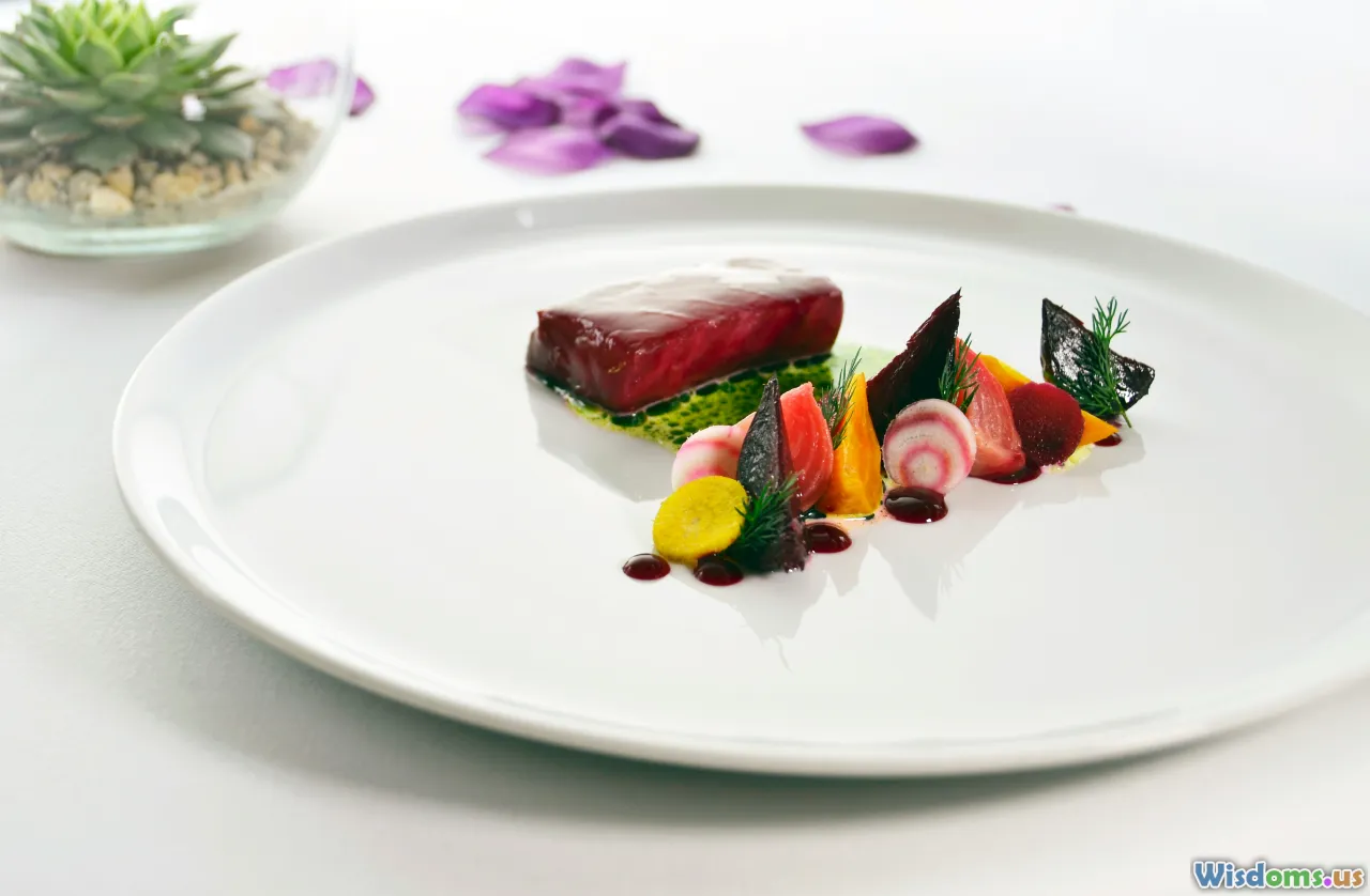elegant plating, culinary presentation, colorful food, fine dining
