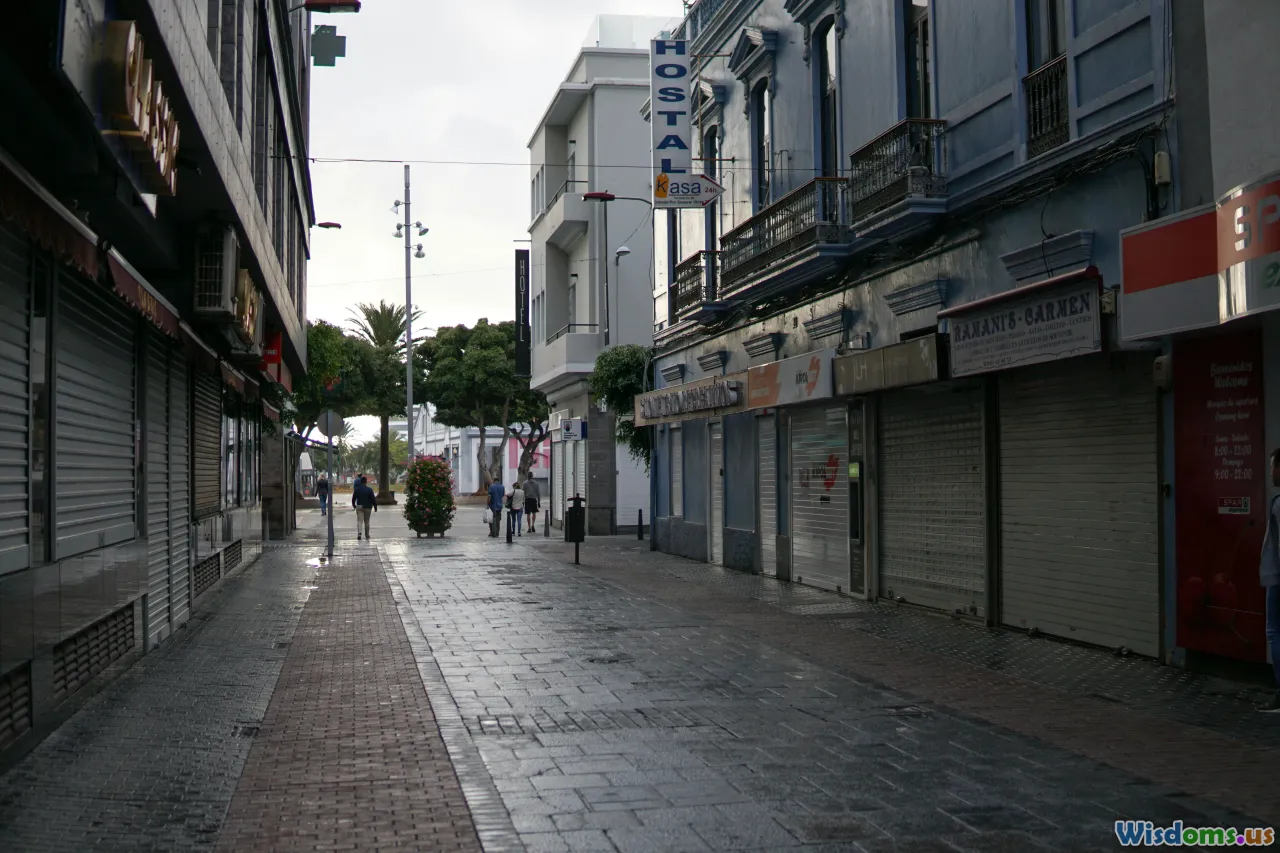 empty downtown, shuttered storefronts, commuter exodus, central business district
