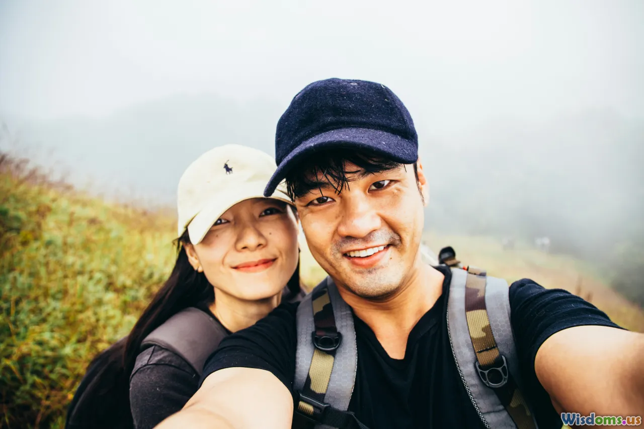 happy friends, couples, group photo, hiking tour