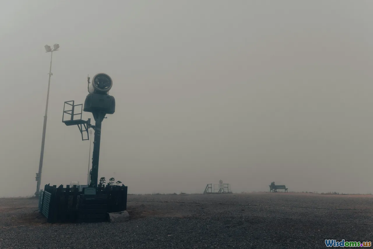 industrial wasteland, robotic face, dust storm, grey skies