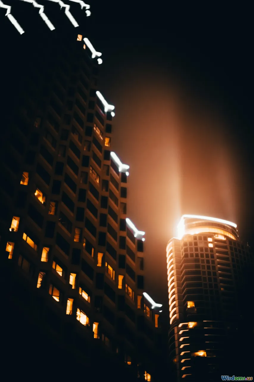 night cityscape, lit building, architectural lighting, urban night photography