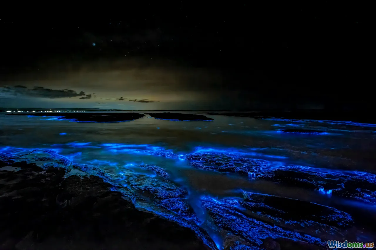 night dive, bioluminescence, glowing ocean, underwater lights