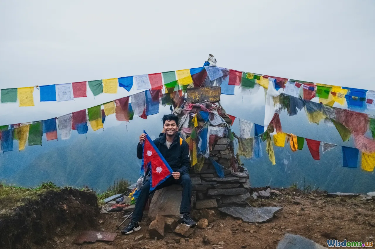 summit photo, team celebration, Nepal flag, group success on mountain top