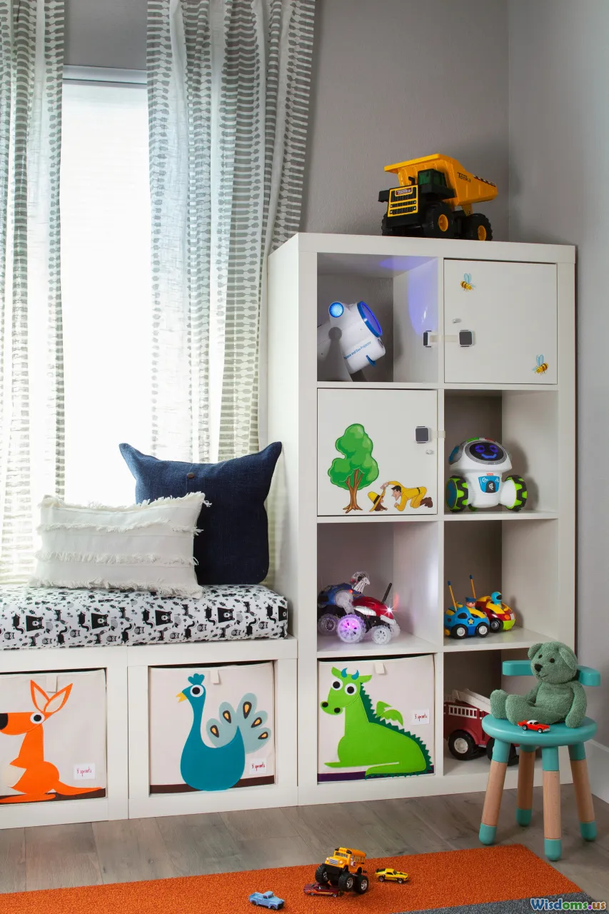 tidy kid bedrooms, organized playrooms, minimalist shelves