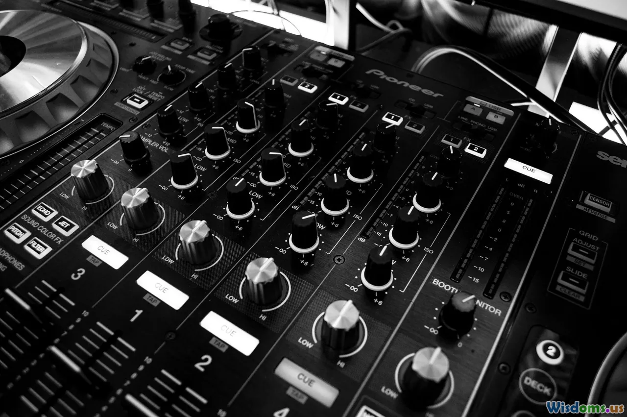 AI software, vintage equipment, mixing board, computer screen