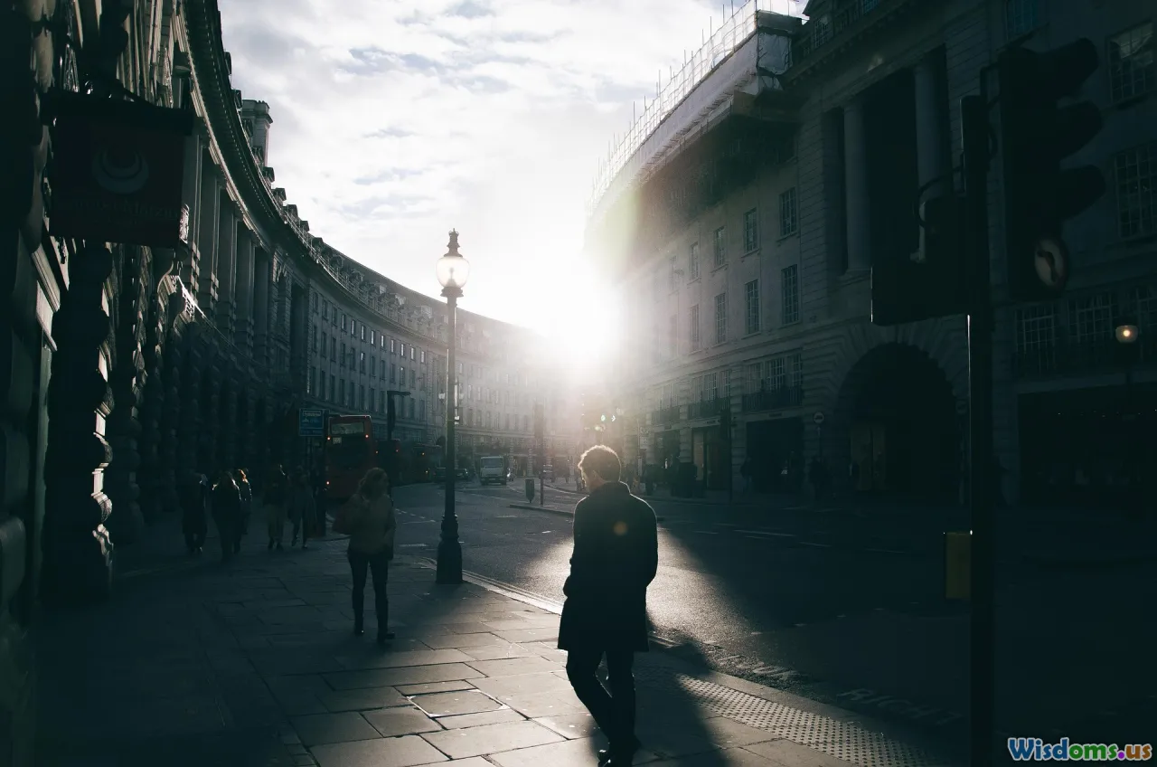 bustling sidewalk, evening lights, street musicians, neighbors meeting