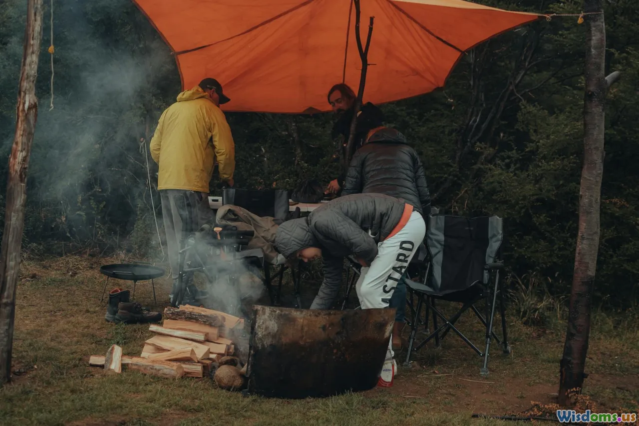 campfire, ferro rod, wet wood, tarp shelter