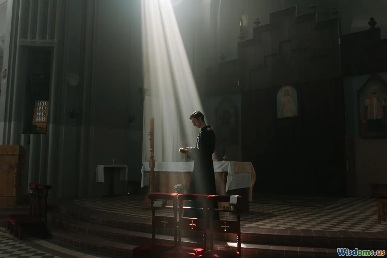 Catholic priest, holy water, crucifix, church interior