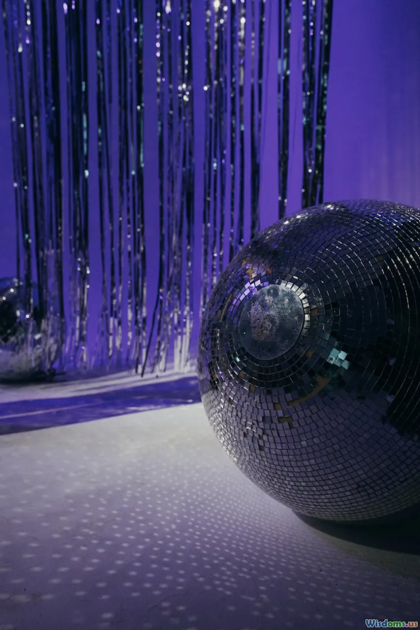 disco ball, electric guitar, dance floor