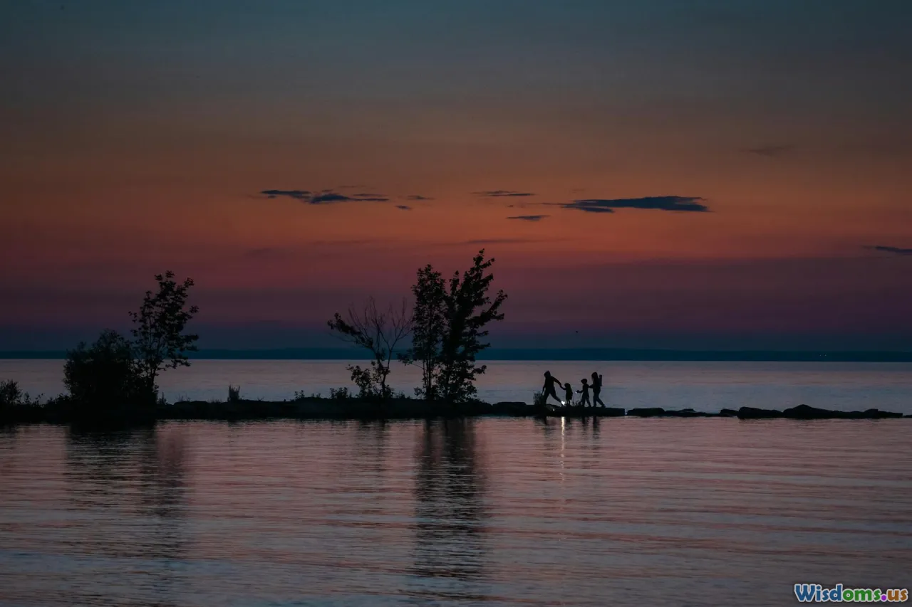 family walk, sunset, gentle smiles, calm evening