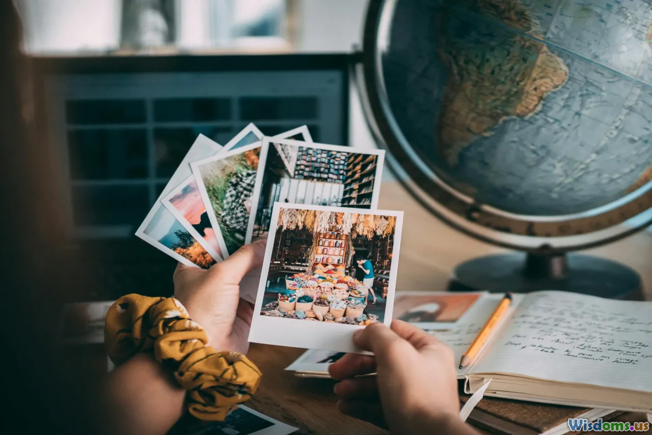 group photo, travel journal, polaroid camera, storytelling