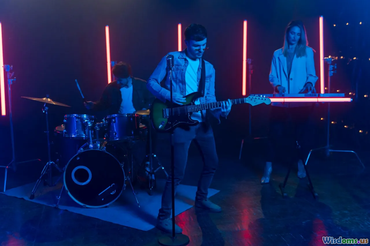 live band, analog synth, pedalboard, stage lights