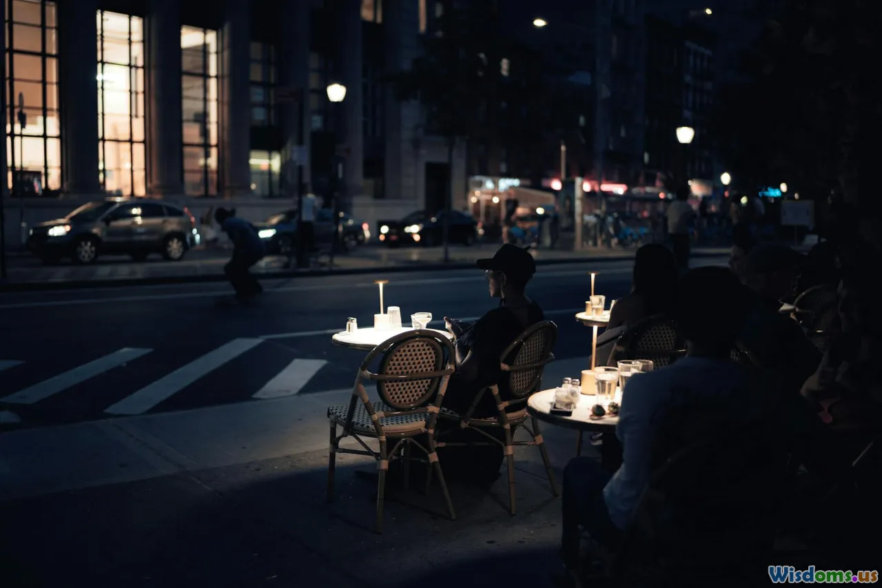lively plaza, street lighting, sidewalk cafe, community gathering