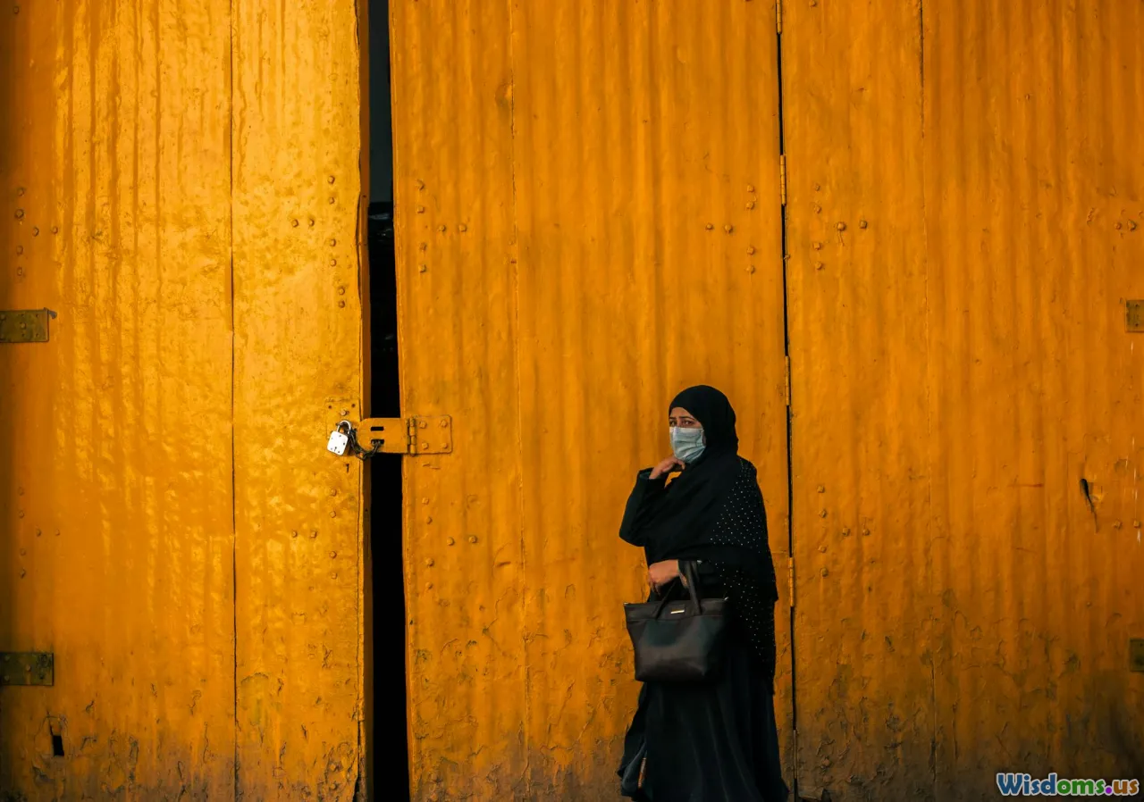 mask and mirror, padlock, open door, scales of justice