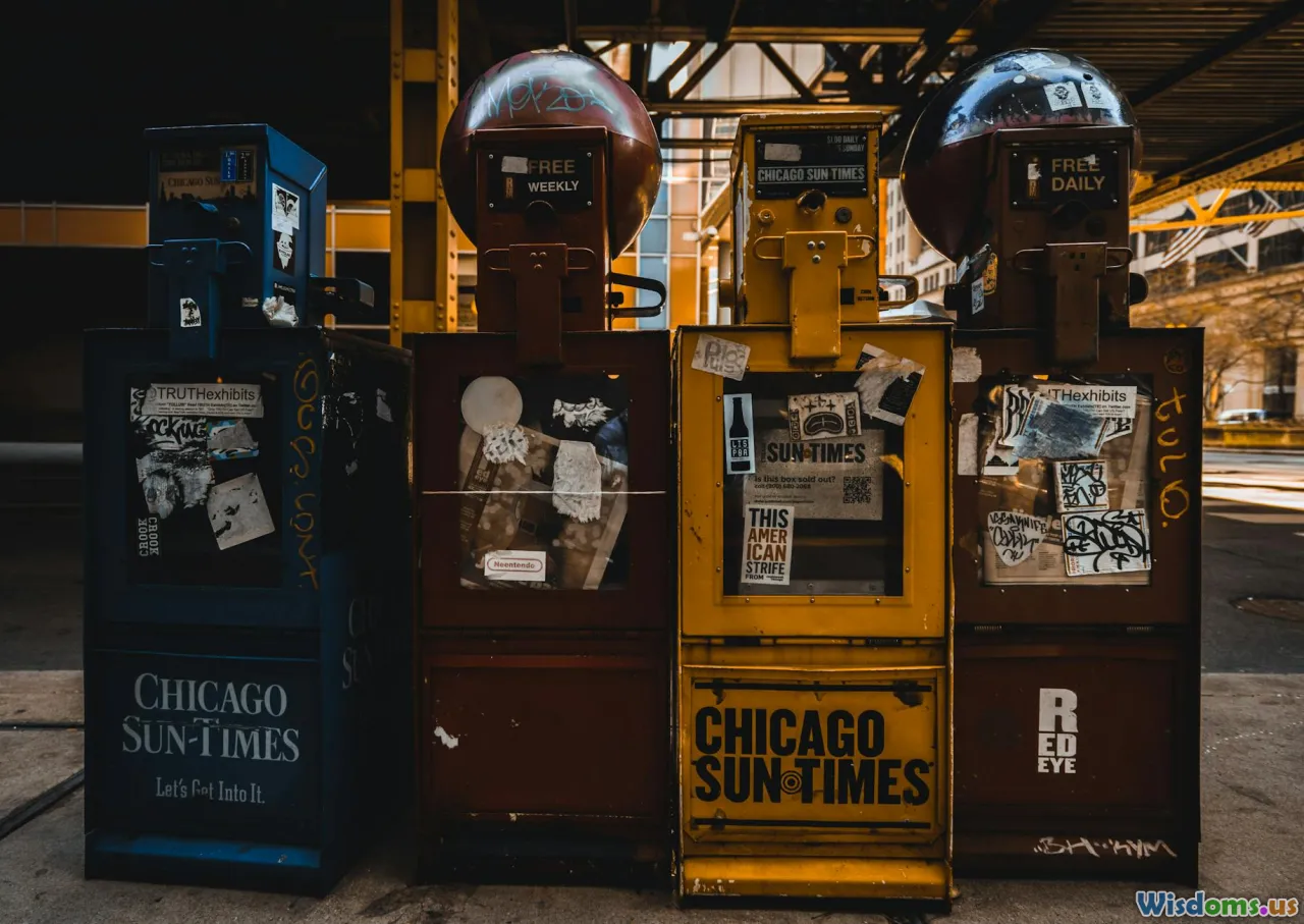 news headline, newspaper, downtown buildings, spotlight