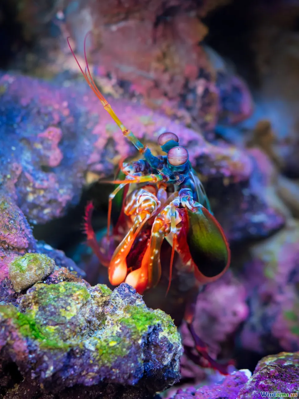 peacock mantis shrimp, colorful crustacean, coral predator, striking appendages