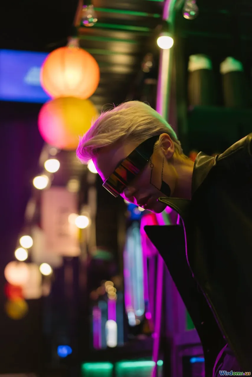 science fiction books, futuristic city, dream sequences, neon lights