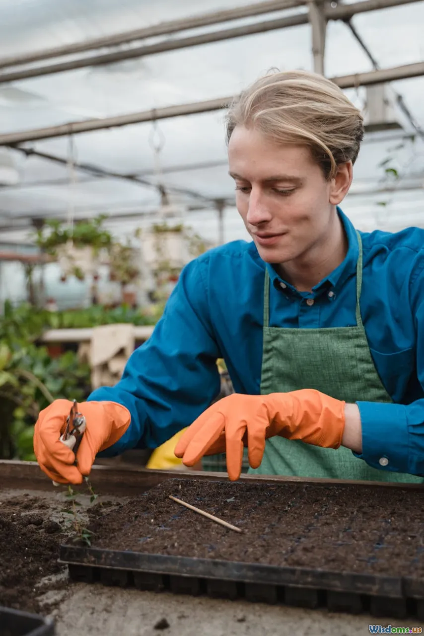 seed packets, seedlings, herb pots, farmer