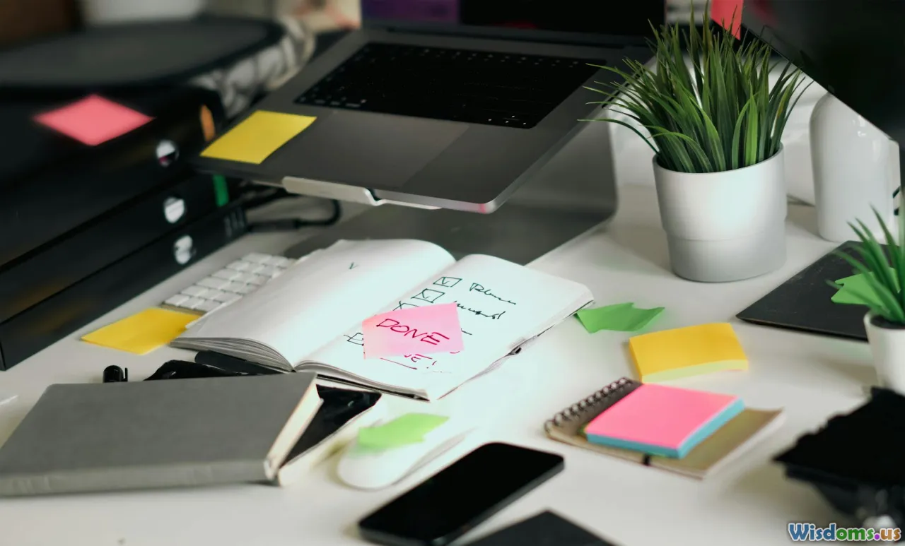 sticky notes, chat bubbles, checklist, laptop