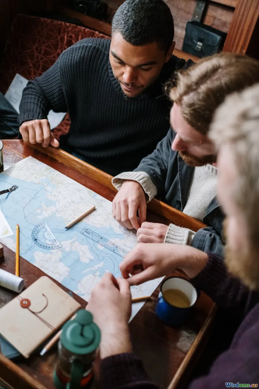 travel planning, group meeting, laughing friends, itinerary